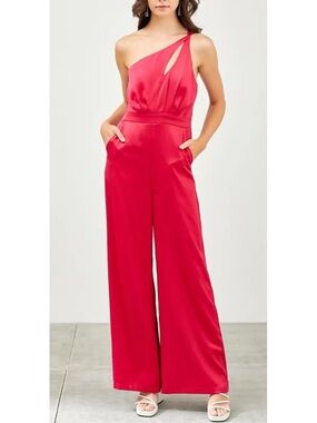 Hot Pink One-Shoulder Satin Jumpsuit